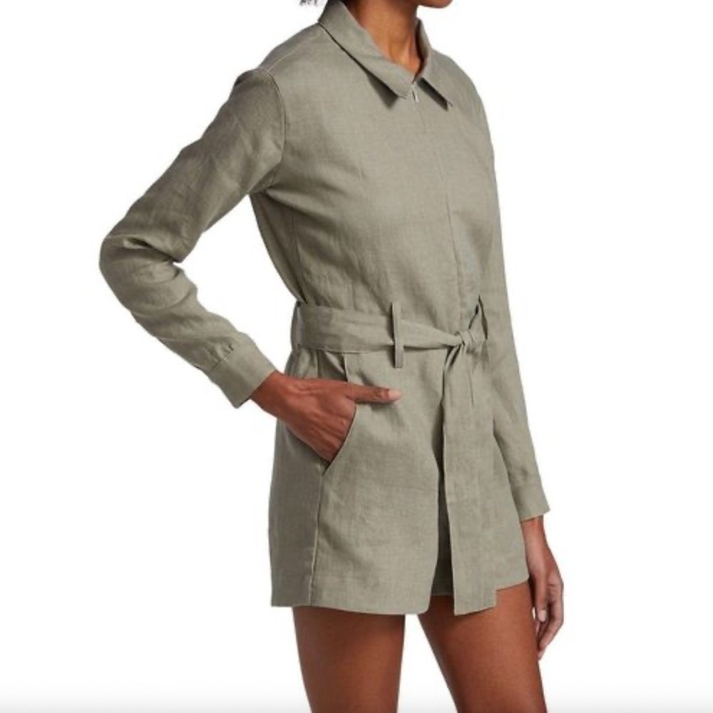 Rivet Utility Trendsetter Belted Linen Long Sleeve Romper in Green
